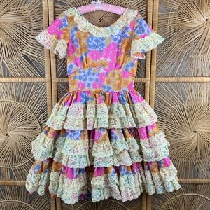 VTG Full Circle Floral Tiered Ruffle Lace Dress M